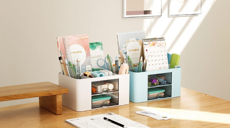 Marbrasse Pen Organizer with 2 Drawer, Multi-Functional Pencil Holder for Desk