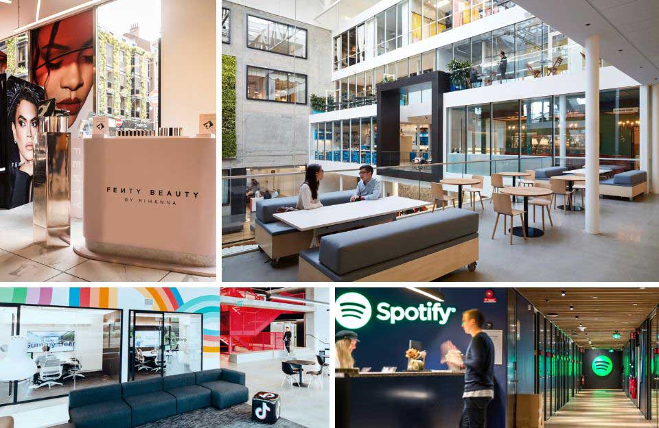 A four-image grid of the corporate offices where accountants are living the dream, including Airbnb, Spotify, Fenty Beauty, and TikTok.
