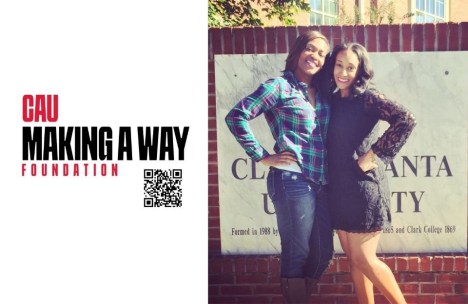 Making A Way Foundation co-founders Patricia Smith and Marquetta Thompson pose in front of Clark Atlanta University sign back in college.