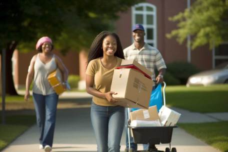 An AI art illustration of a college bound HBCU student on move-in day walks to her dorm carrying a box with her belongings, with her family walking behind her with supplies.