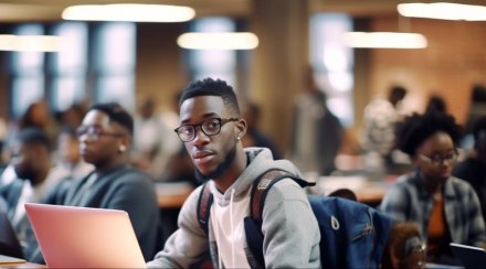 An AI illustration of an HBCU student participating in a study group inside the campus library with his laptop open, textbooks in hand, enjoying college life
