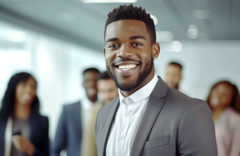 A smiling black male HBCU student attending a meeting in the foreground in a grey sport coat and a white shirt and enjoying the experience of college professional associations benefits.