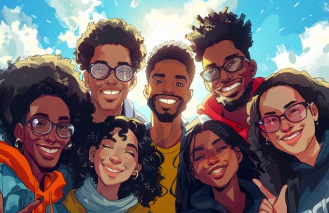 Illustration of seven diverse HBCU students smiling together, representing unity and diversity in college clubs.