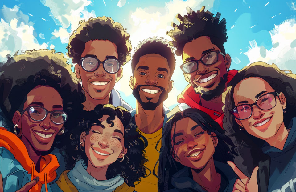 Illustration of seven diverse HBCU students smiling together, representing unity and diversity in college clubs.