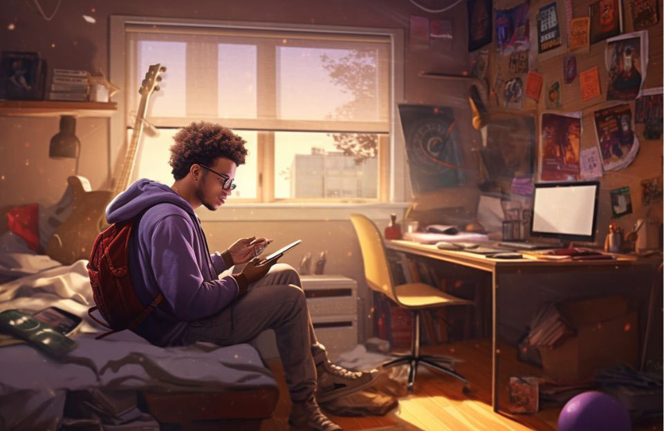 A generative illustration of a focused black male HBCU sophmore sitting on the bed revising his dorm room essentials list