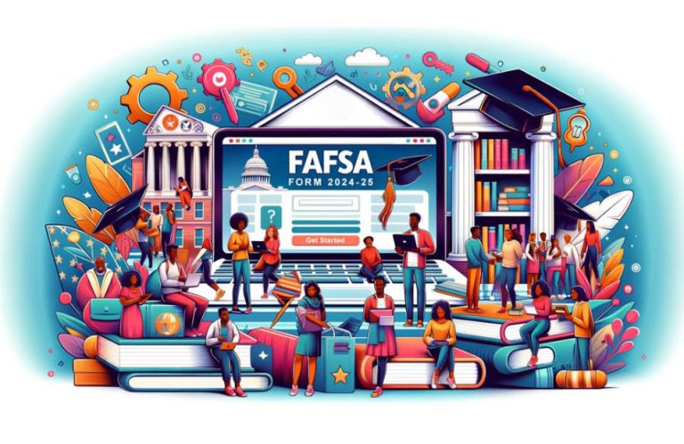 Illustration of diverse HBCU students engaging with the FAFSA 2024-25 process, featuring symbols of education like graduation caps, books, a laptop with FAFSA website, and an HBCU campus background.