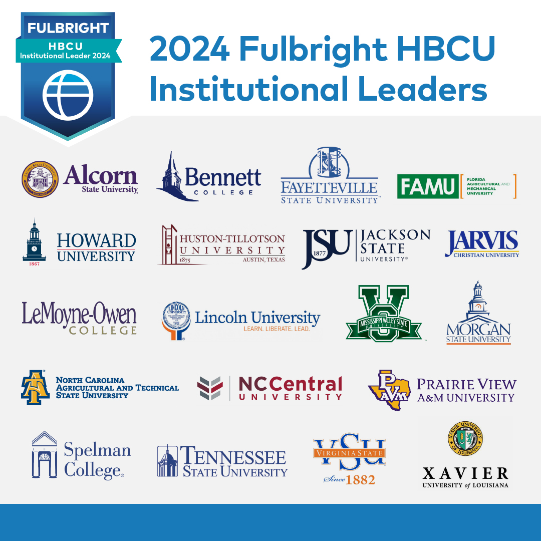Logos of 19 HBCUs named 2024 Fulbright HBCU Institutional Leaders.