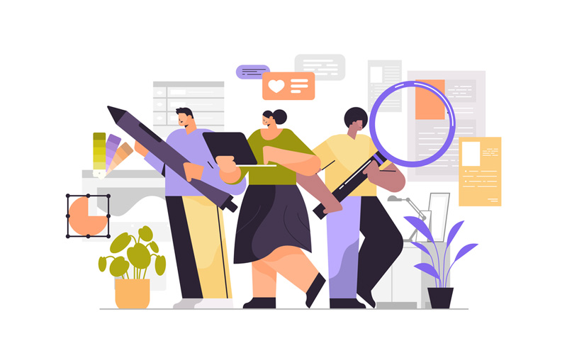 Diverse team working together in a group project balancing tasks concept illustration.
