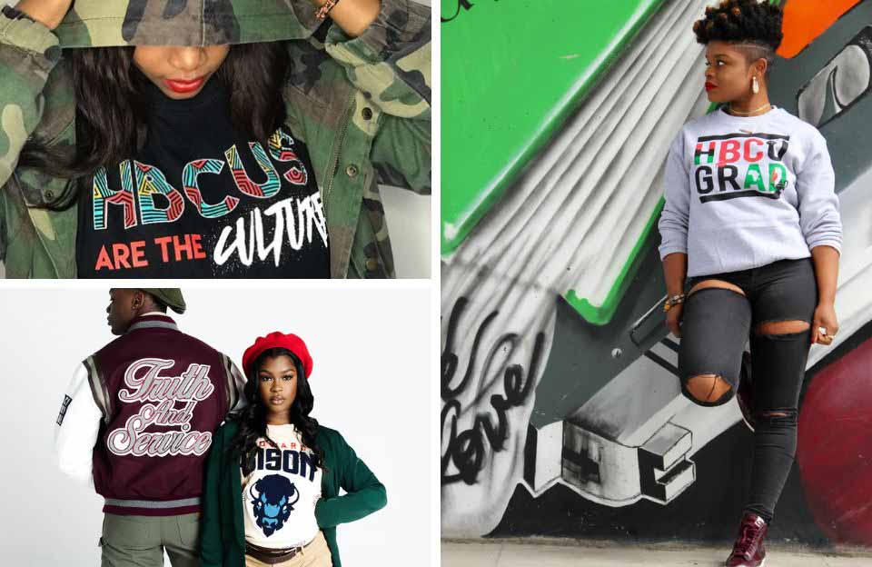 Three of the five featured HBCU apparel shops have marketing images: HBCU Grad (right), HBCU Culture Shop (top left), and Legacy History Pride (bottom left).