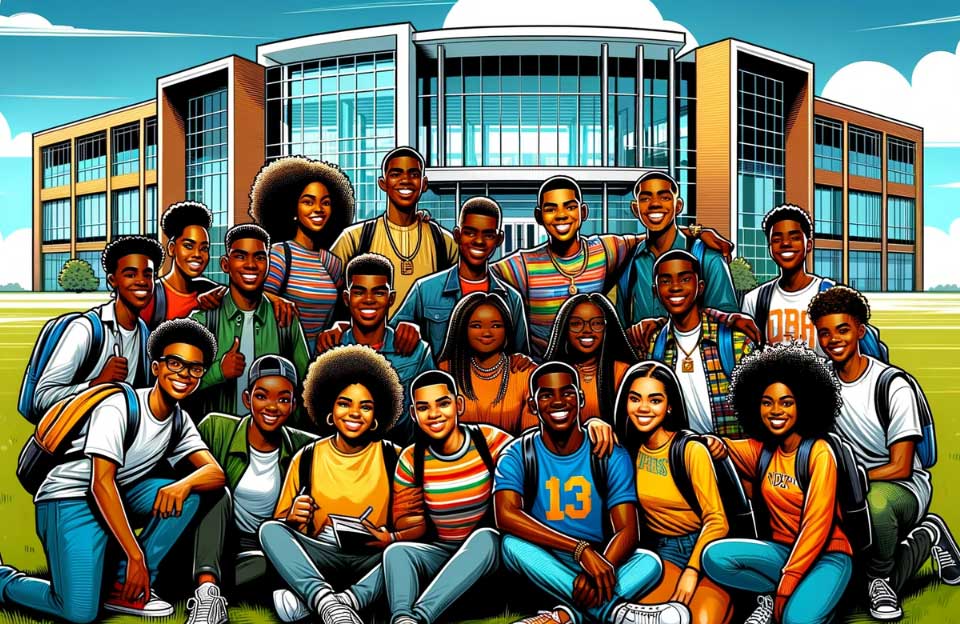 An illustrated group of joyful Black high school students in a variety of colorful attire, gathered in front of the contemporary architecture of a university, showcasing the excitement of HBCU college tours.