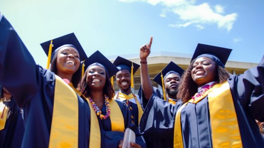 A jubilant group of graduates in caps and gowns celebrating under a clear blue sky
