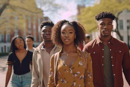 A generative AI illustration of students walking on campus on a sunny day, representing HBCU colleges.