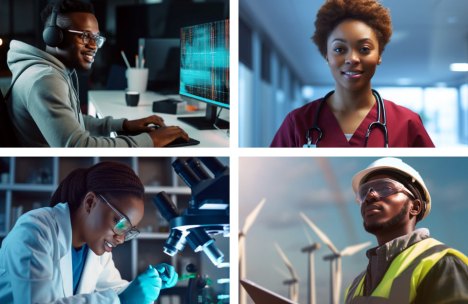 Four young professionals in fields of cybersecurity, healthcare, scientific research, and renewable energy representing jobs in demand for the future.