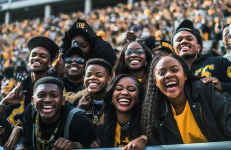 Generative art Illustration of a group of black college students wearing their school colors and enjoying the sunny day in the stands at a HBCU Homecoming 2023 game.