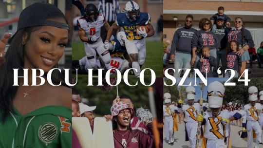 Diverse group of people enjoying HBCU Homecoming 2024 festivities, including football games, family gatherings, and marching band performances.