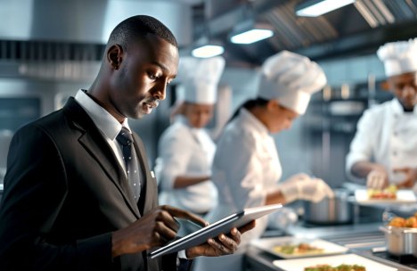 A focused man in a formal suit reviews notes on a tablet in a professional kitchen with chefs preparing meals in the background.
