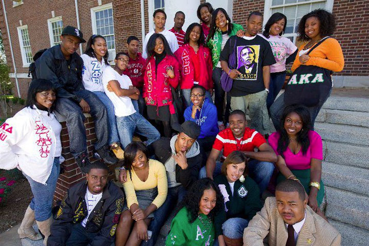 Members of the Divine Nine on the campus of Clark Atlanta University. A group of Divine Nine Sororities and Fraternities on the campus of Clark Atlanta University.