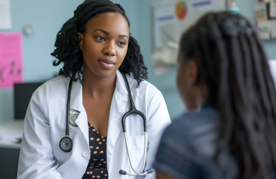 A healthcare professional at an HBCU Student Health Service center consults with a student.