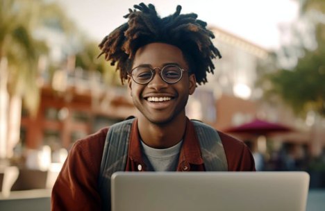 Smiling young Black college student with glasses and stylish dreadlocks using a laptop on campus, potentially setting up his Student Aid account for FAFSA 2024-25.