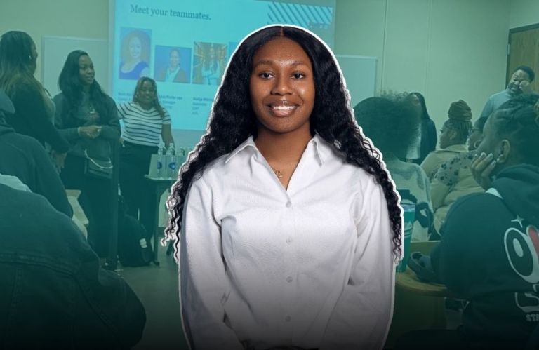 Hannah Chillous, a junior accounting major at Alabama State University, standing confidently in front of a classroom during a corporate campus visit event.