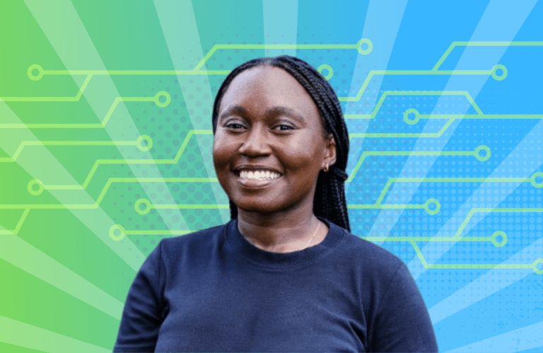 donga Sagnia smiling confidently with a tech-inspired background, representing her transition from accounting to the tech industry.