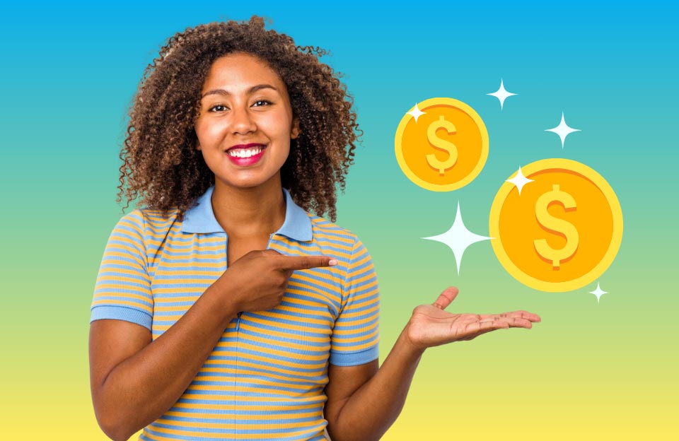 A young African American woman with curly hair is excited to save money in college and is pointing to cartoon coins on her palm.