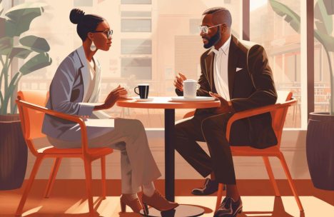 An illustrative informational interview example of black male and female business professionals sitting across from each other in a coffee shop with natural light streaming in through the windows