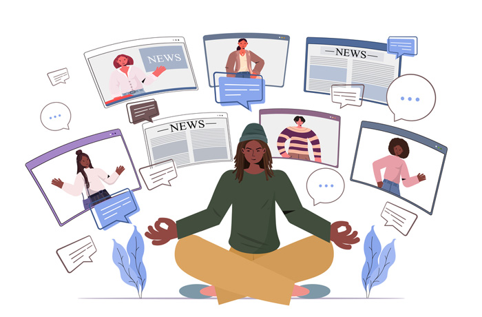 African American student sitting lotus pose discussing daily news with friends in web browser windows