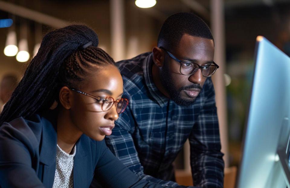 A generative image of a black male college student asking job shadowing questions while looking over the shoulder of a female professional in an office setting