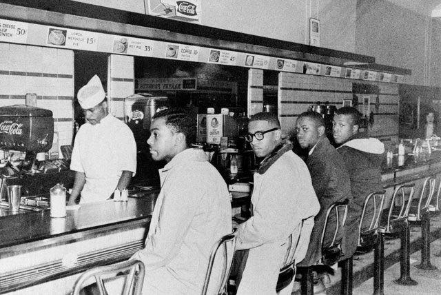 The A&T Four (Greensboro Four) sit-in on February 1, 1960 The Civil Rights Movement: On February 1, 1960 four A&T freshmen helped to orchestrate the sit-in movement starting with the F.W. Woolworth lunch counter in Greensboro, North Carolina. Photo courtesy of North Carolina A&T State University.