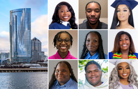 Northwestern Mutual building and the 2024 Hometown HBCU Connection Scholarship recipients.