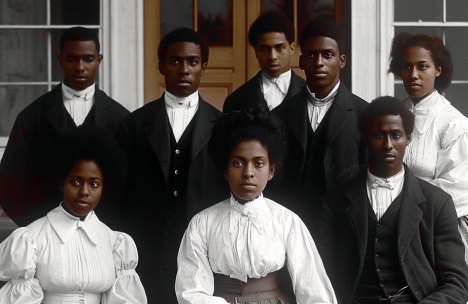 Group portrait of early 20th-century HBCU students in formal attire.