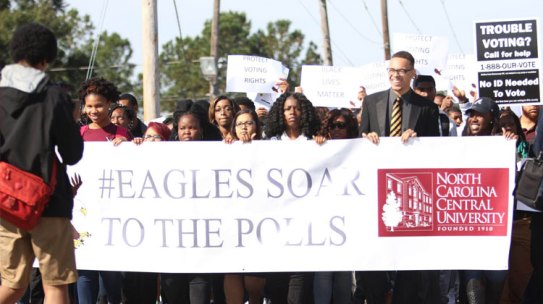 Proteting Public HBCUs: NCCU students marched to the polls to vote early for the 2016 U.S. presidential election.