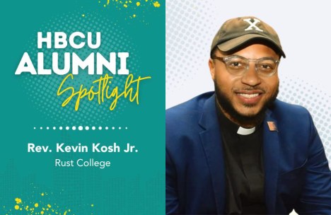 Portrait of Rev. Kevin Kosh Jr. in a blue blazer and cap, with the text 'HBCU Alumni Spotlight' and his name and alma mater, Rust College.