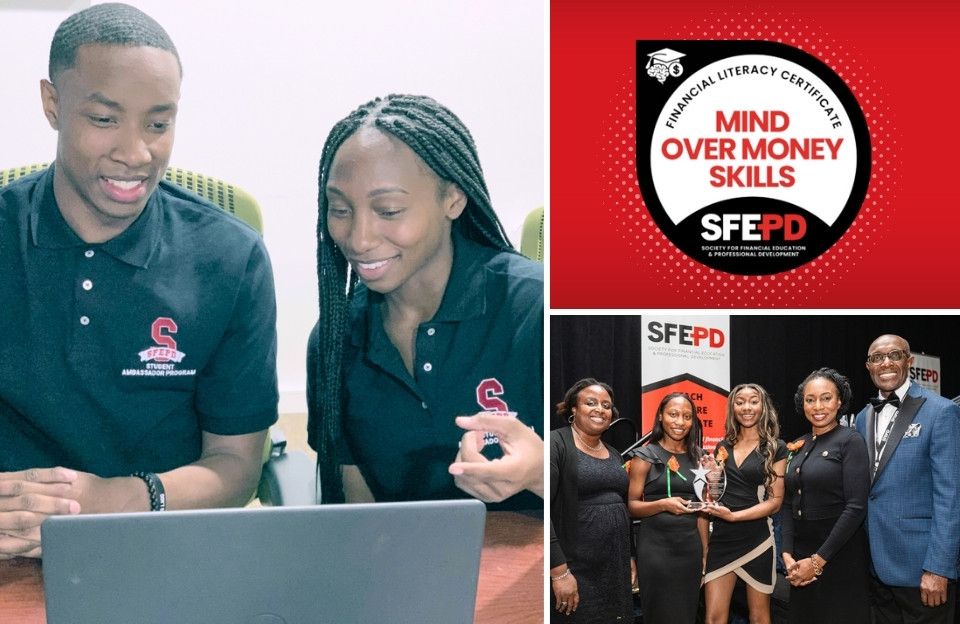 Two SFEPD student ambassadors review the Mind Over Money Skills Online Course on a laptop, with the course badge and award-winning student ambassadors featured in the image.