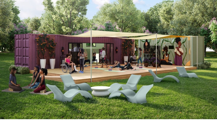 Architectural outdoor rendering of the She Care Wellness Pods made from repurposing shipping containers and building with sustainable materials on a grassy college campus.