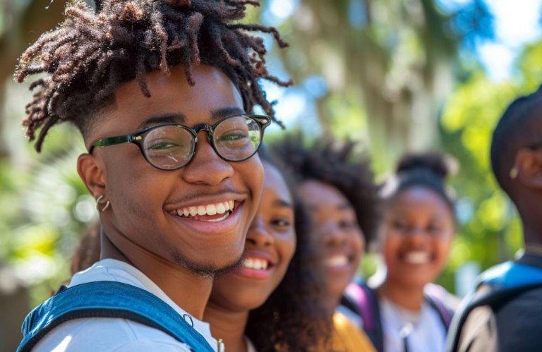 A close-up of a smiling young man with glasses and dreadlocks at the forefront, with a group of cheerful students blurred in the background, during a spring HBCU college tour.