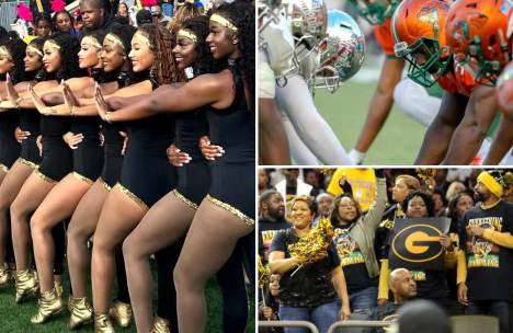 A grid of three images from HBCU Classics games, including one of the Alabama State Singetts on the sideline at the Magic City Classic (left), the Bethune-Cookman Wildcats and the Florida A&M Rattler Football teams squabbling at the line of scrimmage at the Florida Classic game (top right), and Grambling Tigers fans cheering in the stands at the Bayou Classic game (bottom right). See the full schedule of the 2023 HBCU Classics events in this post.