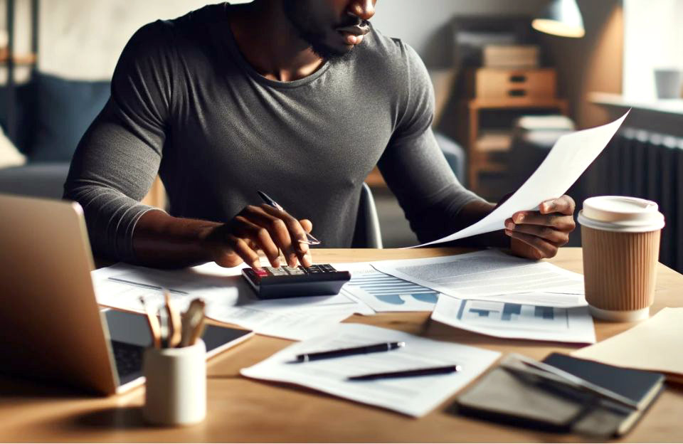 A generative image of an HBCU graduate sitting at his desk, calculating his loan repayment and considering the SAVE Plan.