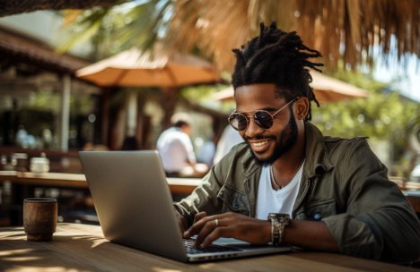 A generative image of a young black male digital nomad accountant enjoying working out of paradise sitting at a beachside cafe