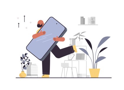 African American man holding huge smartphone smartphone time management app concept horizontal full length vector illustration.