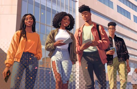 A generative illustration of four HBCU students on campus looking at the 2024 HBCU rankings on their mobile devices