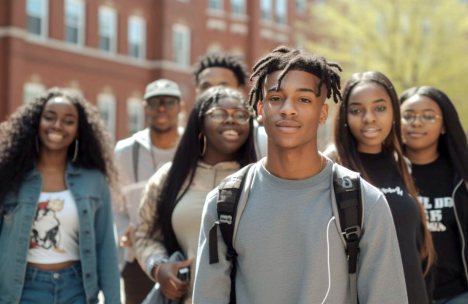 A small group of black high school students in t-shirts on a guided college campus tour after using their visiting colleges checklist.