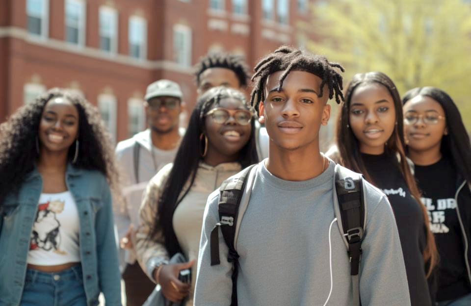 A small group of black high school students in t-shirts on a guided college campus tour after using their visiting colleges checklist.