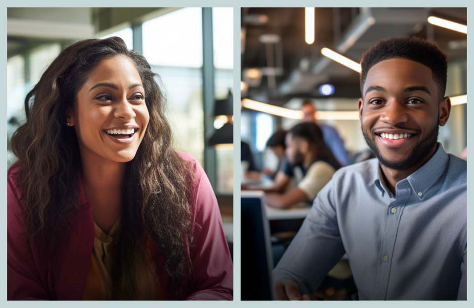 A generative split image of a smiling black female accountant with straight hair wearing a bright colored blouse on the left and a happy young black male professional accountant on the right Both are curious about what their zodiac signs tell them about their accounting career path.