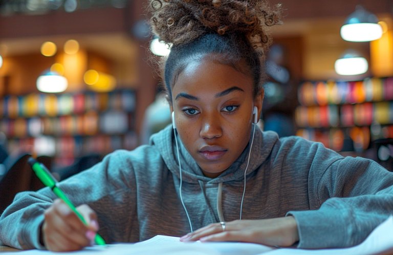 An African American student with earphones focuses intently on writing an appeals letter for college financial aid in a library.