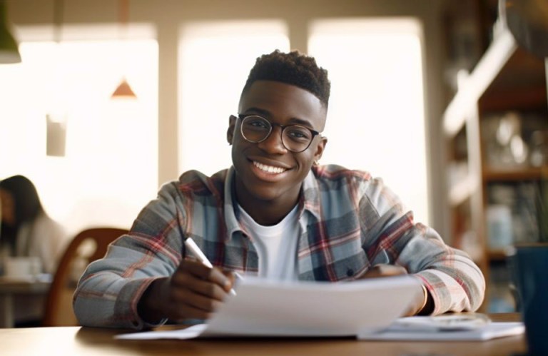 Smiling Black high school student sitting at a desk with papers, radiating confidence and determination as he asks himself, what are academic goals?
