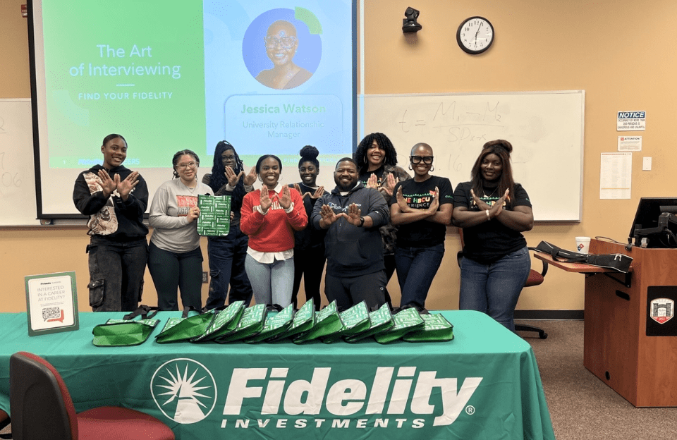 Jessica Watson and the Fidelity Investments careers team posing with Divine Nine student members during a presentation on The Art of Interviewing at Winston-Salem State University.