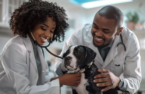 Two African American veterinary professionals from an HBCU college program smiling as they examine a black and white dog in a clinic.