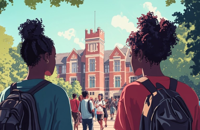 Two students walk on an HBCU campus with a historic building in the background, representing the top schools in the HBCU Rankings 2025.